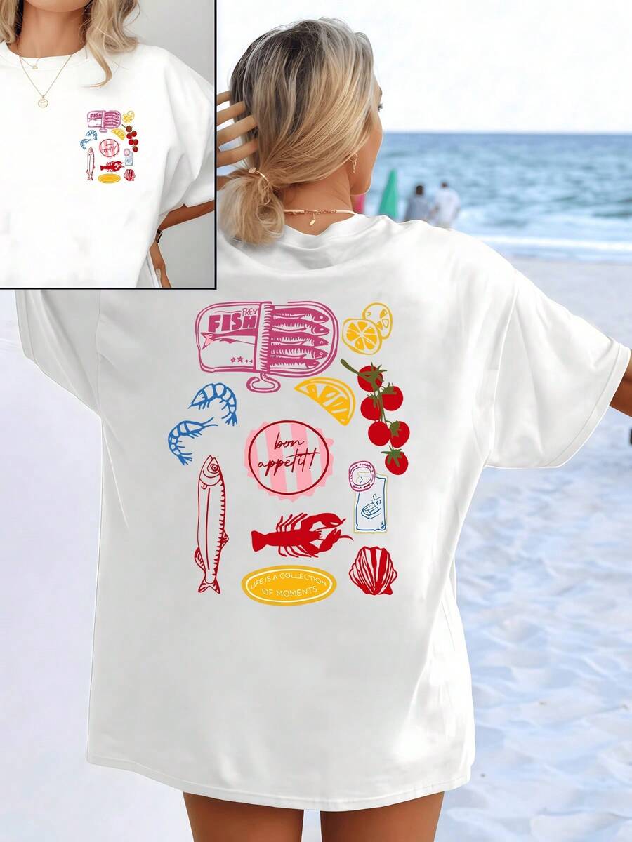 Marine Motifs With Fish, Lemons, Tomatoes And Cheerful Phrases That Evoke Summer And The Freshness Of The Ocean On A Double-Sided Women's T-Shirt Ideal For The Beach And Strolls - 白色 - 查看 1