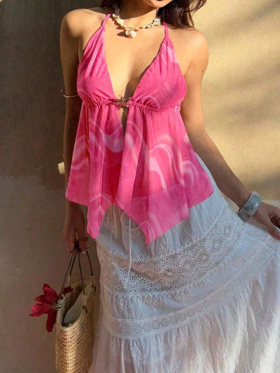 Camiseta de tirantes sexy con efecto cross y espalda descubierta, cuello Halter con teñido anudado para mujer - Rosa Fucsia - Ver 1