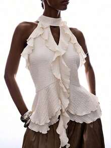 Elegant Solid Color Halter Top With Ruffles For Women - Beis - View 1