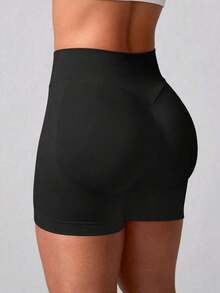 2 piezas Pantalones cortos de mujer de cintura alta, unicolor, elásticos y sin costuras, para yoga, fitness, deportes al aire libre y verano - Negro - Ver 5