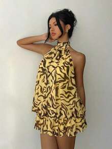 Vestido mini elegante de mujer con estampado de lunares y escote halter sin espalda - Multicolor - Ver 5