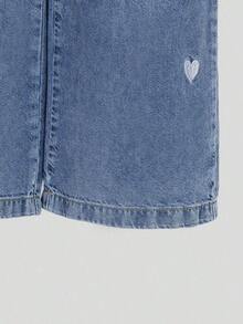 de estilo Y2K para adolescentes, con bordado de corazón, pierna ancha y suelta, tela suave y cómoda, adecuado para uso diario, escuela y transporte - Azul lavado oscuro - Ver 5