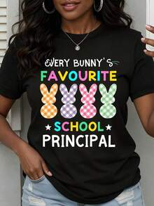1 Piece Women's Easter Bunny T-Shirt, Everyone's Favorite School Principal's T-Shirt, Funny Spring Celebration Gift, Casual White Top, 180g 100% Cotton - 黑色 - 查看 8