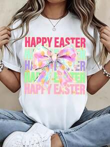 Soft 100% Cotton Women's T-Shirt, Round Neck, Easter Bow Print, Short Sleeve, For Spring Festival Celebration, Casual Wear, Breathable Cotton T-Shirt, Goes With Everything, Great. - 白色 - 查看 6