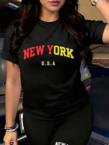 Men's And Women's Short-Sleeved Crew Neck T-Shirt, Loose Fit And Breathable, With "NEW YORK" Print, One-Piece Jumpsuit Style, Single Pack. Breathable And Comfortable. - 黑色 2 - 查看 5