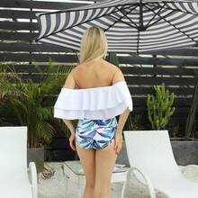 Bikini con estampado de hojas para mujer, traje de baño con sujetador con borde de volantes, push-up, ropa de playa, conjuntos de bikini de cintura alta - Negro - Ver 2
