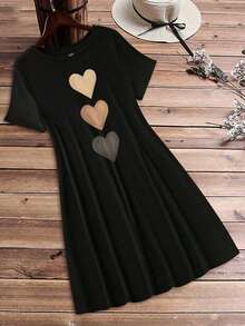 Vestido ajustado mini de manga corta con cuello redondo e impresión de amor casual para mujeres, verano - Negro - Ver 7