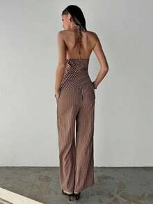 Conjunto de top halter y pantalones de color café claro, estilo sencillo para ir al trabajo - Café integral 2 - Ver 2