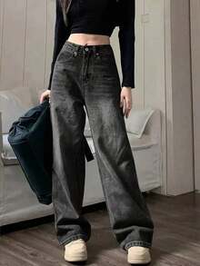 Jeans informales de pierna ancha con bolsillos para adolescentes - Negro - Ver 1