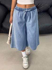 Pantalones vaqueros anchos de cintura con cordón de mezclilla elástica desgastada a la moda Y2K para adolescentes, pantalones cortos bohemios de verano para playa y vacaciones para niñas, conjuntos informales de verano para conciertos y festivales, - Azul lavado medio - Ver 1
