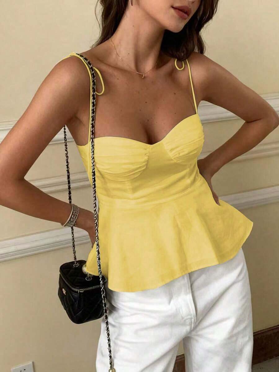 1 pieza Blusa casual sin mangas con volantes en el bajo, Elegante top tubo minimalista francés de color blanco puro, Camiseta sin mangas ajustada para vacaciones y viajes, Ligera camiseta con lazo delantero, Ropa exterior sexy tipo babydoll que acentúa las curvas, Primavera/Verano/Otoño - Amarillo - Ver 1