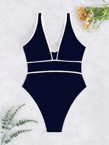 Traje de baño de una pieza con escote profundo en 'V' y espalda en 'U' de unicolor elegante y sexy para mujeres en primavera - Azul marino - Ver 6