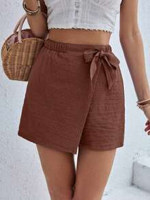 Frenchy Pantalones de verano, shorts cómodos con lazo para mujeres, pantalones informales - Marrón Chocolate - Ver 4
