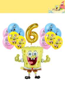 SpongeBob SquarePants Juego de globos para fiesta de cumpleaños y baby shower con temática de Bob Esponja, que incluye globo de lámina, globo dorado con el número 6 y globos de látex con estampados de Patrick y Calamardo, en colores vibrantes amarillo, rosa y azul, para decoraciones festivas, baby showers, reuniones de cumpleaños y eventos temáticos, perfecto para crear una atmósfera lúdica, alegre y memorable para la fiesta. - conjunto decorativo - Ver 8