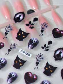 1pc Mysterious Black Cat Skeleton Nail Sticker, Gothic Heart & Rose Nail Decals, One-Time Use Embossed Nail Art Sticker, Dark Style Nail Decoration, Suitable For Theme Party - Multicolor - View 3