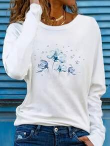 Camiseta de Manga Larga con Cuello Redondo Blanco, Estampado Floral Azul Elegante, Ajuste Ligeramente Holgado, Esencial para Vacaciones Casuales, Lavable a Máquina No Limpieza en Seco, Tela Adecuada para Todas las Estaciones - [Blanco] - Ver 6