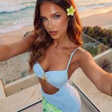 Women's Vacation Sexy Metallic Starfish Floral Print Fishtail Hem Bodycon Dress Summer Summer Outfits Summer Clothes Beach Outfits For Woman  Beach Vacation Vacation Outfits Woman Boho  Tropical Vacation Woman Clothe Tropical Vacation Woman Clothe Floral Dress  Floral Dresses For Women Floral Dress For Women Sexy Floral Print Dress With Cutout Waist - Azul - Ver 7