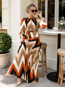 Elegant Pattern Long Sleeve Maxi Dress with Tie Waist - Comfortable Flowy Dress for Everyday Wear, Office Style, Dinner Outfits, Vacation Looks, and Special Occasions - 摩卡棕 - 查看 3