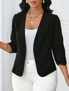 Lady Chaqueta negra de mujer con frente abierto y manga larga plisada, elegante y versátil para otoño, ropa de otoño para mujeres, atuendos de otoño para mujeres - Negro - Ver 8