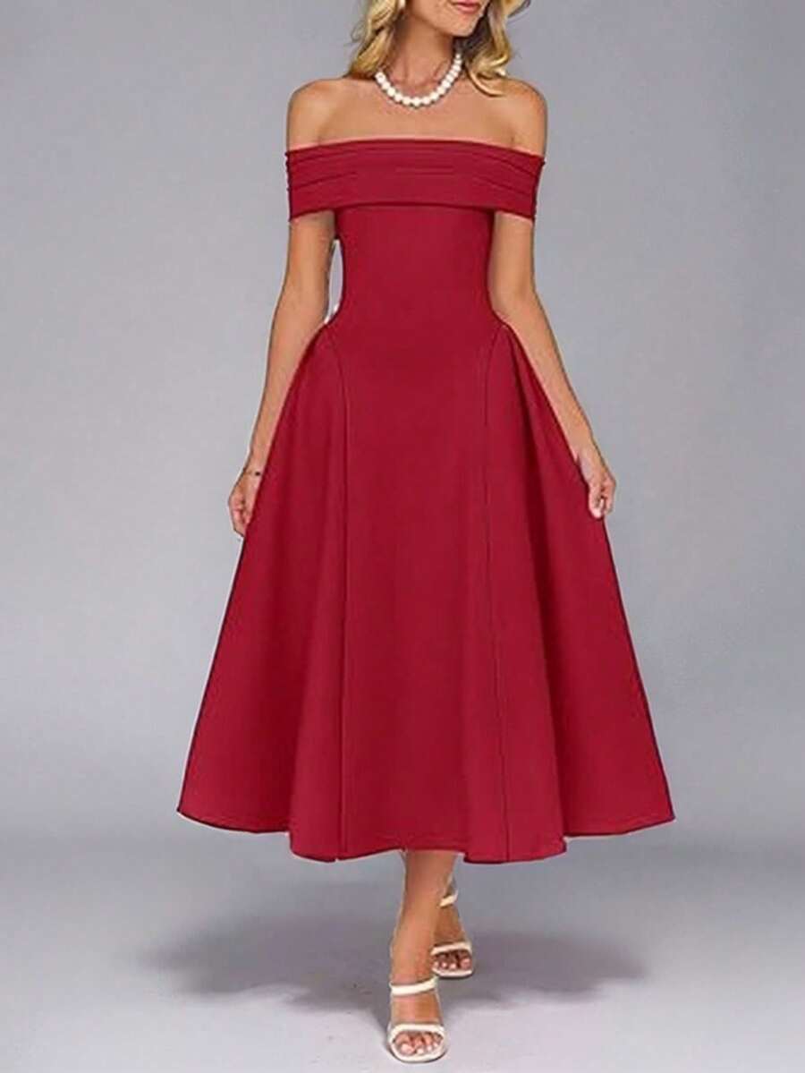 Spring 2026 Maxi Dress, Solid Color With Off-The-Shoulder Design, Elegantly Sensual Style - Red - View 1