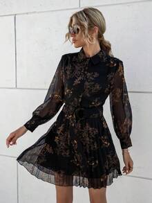 Aveloria Frievida Vestido con botón delantero con cinturón con estampado de flor - Celeste - Ver 8