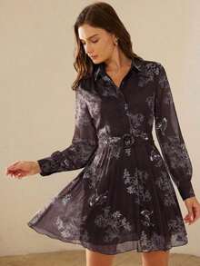 Aveloria Frievida Vestido con botón delantero con cinturón con estampado de flor - Cafetería - Ver 1