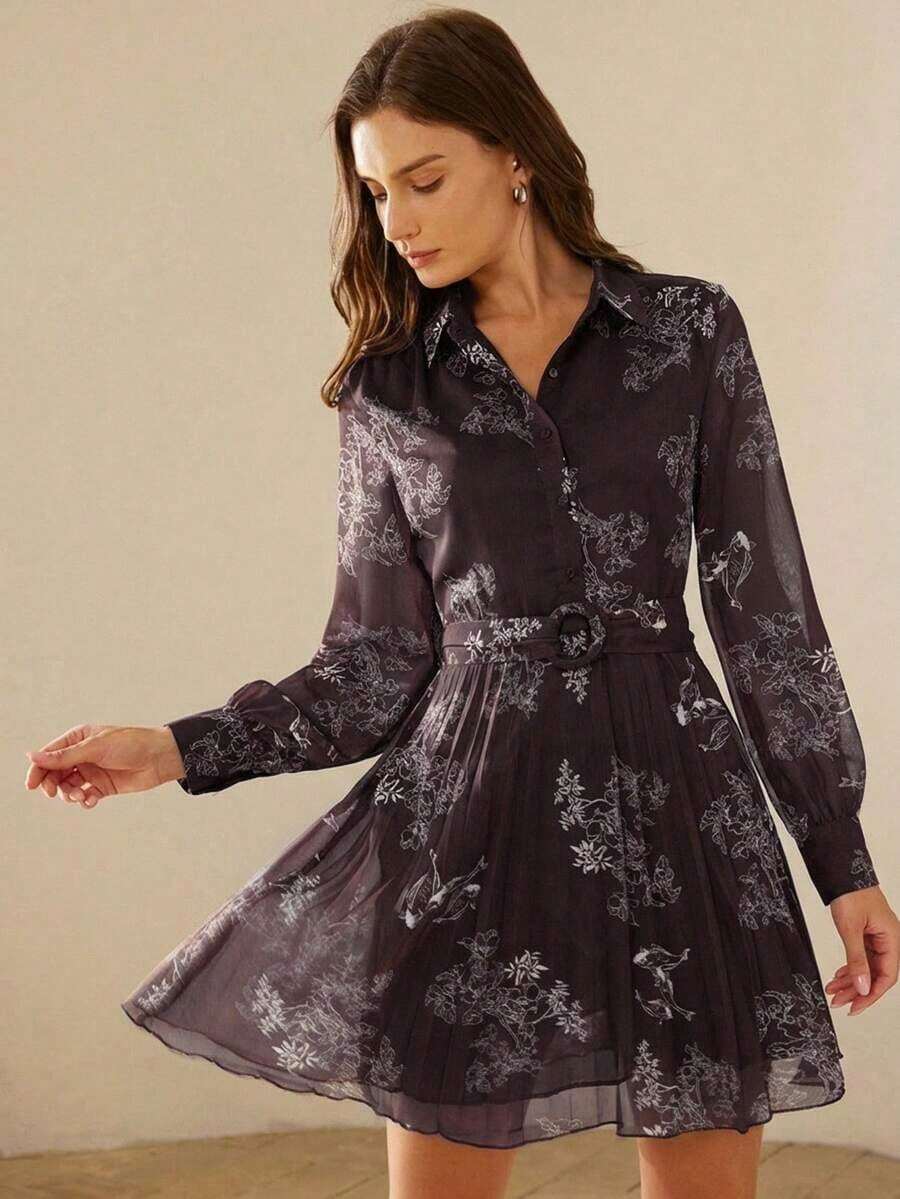 Aveloria Frievida Vestido con botón delantero con cinturón con estampado de flor - Cafetería - Ver 1