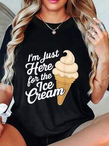 Talla - Camiseta gráfica para mujer Estoy aquí por el helado -% 180gsm, manga corta, cuello redondo, con estampado divertido de helado, lavable enáquina, camiseta de verano para mujer, camiseta gráfica divertida |   Camiseta de cuello redondo |   Camiseta - Negro - Ver 1