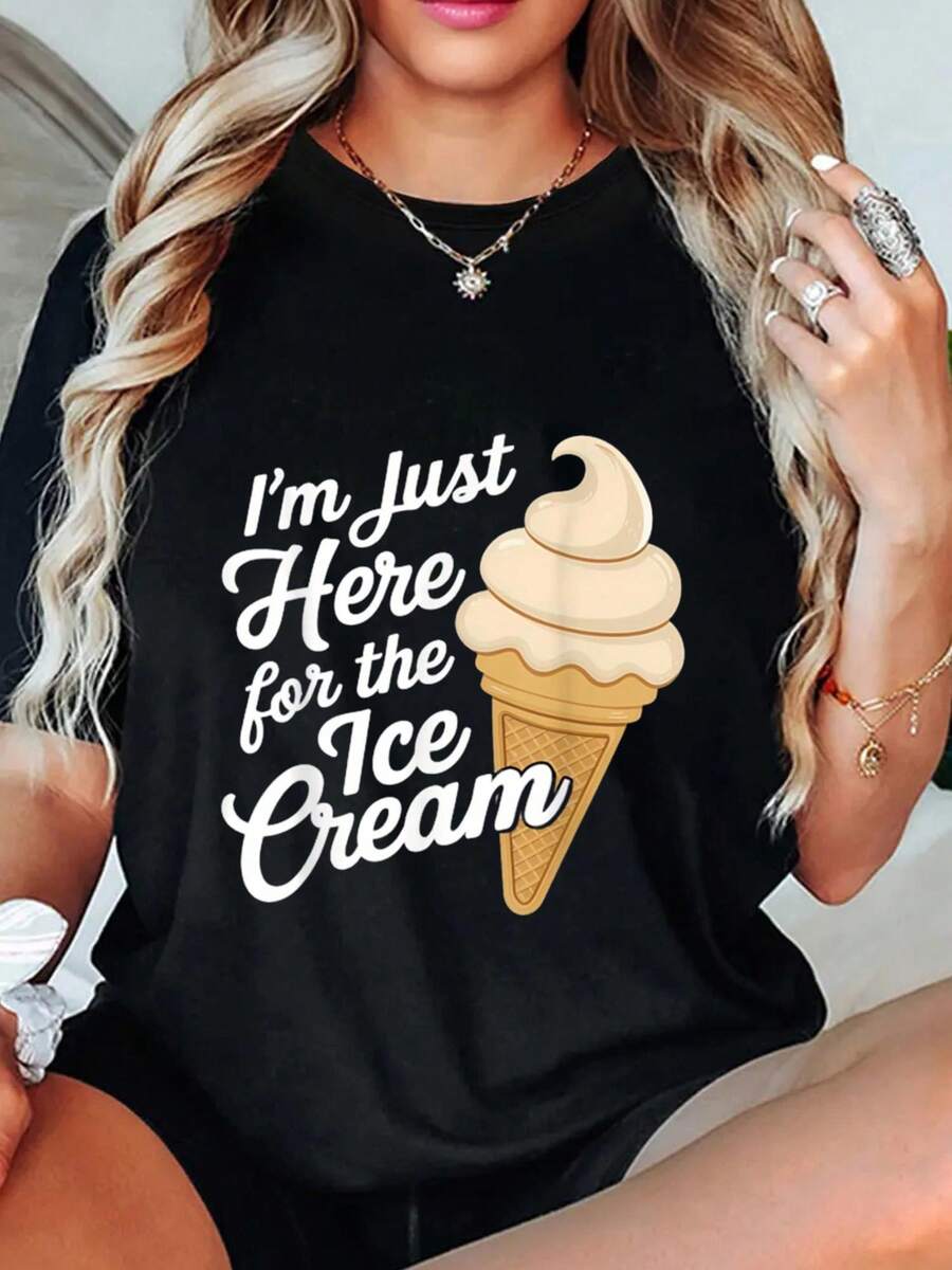Talla - Camiseta gráfica para mujer Estoy aquí por el helado -% 180gsm, manga corta, cuello redondo, con estampado divertido de helado, lavable enáquina, camiseta de verano para mujer, camiseta gráfica divertida | Camiseta de cuello redondo | Camiseta - Negro - Ver 1