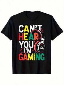Camiseta de Juego para Hombre de 180gsm - Eslogan "No Puedo Escucharte, Estoy Jugando" y Estampado de Auriculares, Negra con Letras Rojas/Amarillas/Blancas, Camiseta de Manga Corta de Cuello Redondo para Gamers, Ajuste Cómodo para Todas las Estaciones, Estilo de Vida de Gamer X645 - Negro - Ver 12