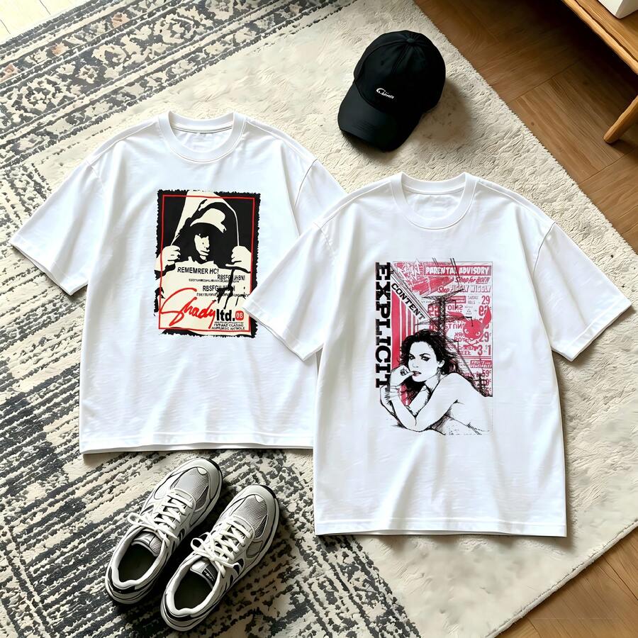 2-piece couple matching pattern T-shirt, 100% cotton, loose fit, soft and breathable, casual round neck short sleeved top Las Vegas Cocktail Scene Aperol Spritz Drink Design Versatile patterns no picky combinations coordinated dating casual travel simple and cartoonish printing styles high - Blanco - Ver 1