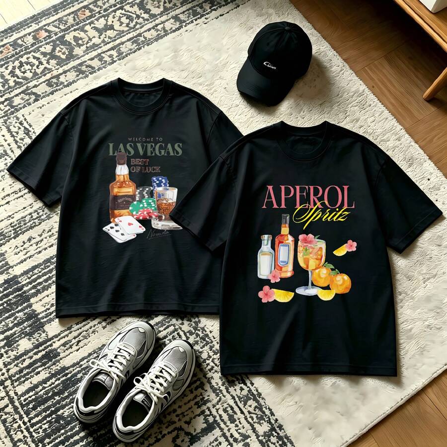 2-Piece Couple Matching Pattern T-Shirt, 100% Cotton, Loose Fit, Soft And Breathable, Casual Round Neck Short Sleeved Top Crocodile With Glasses And Boombox Doberman With Text And Colors Versatile Patterns No Picky Combinations Coordinated Dating Casual Travel Simple And Cartoonish Printing Styles - 黑色 - 查看 1