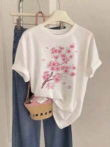 2026 New Women's Casual Short Sleeve T-Shirt With Cherry Blossom And Japanese Elements - Soft And Stretchy Fabric, Round Neck, Fashionable Summer Top For Casual Wear And Parties, Party Outfit | Japanese Inspired Design | Comfortable Fit - White And Navy Off-Shoulder Crop Top - Unisex Loose And Comfortable - 白色 - 查看 7