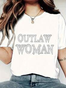Camiseta gráfica "Outlaw Woman" para mujer de SummerWomen - Cuello redondo casual, manga corta para primavera y verano, blanca con estampado negro audaz, atuendo casual. Camiseta con estampado audaz, ajuste cómodo, camisetas para damas. Camiseta de manga corta para mujer, a la moda y versátil, estilo básico para uso interior y exterior. - Blanco - Ver 11