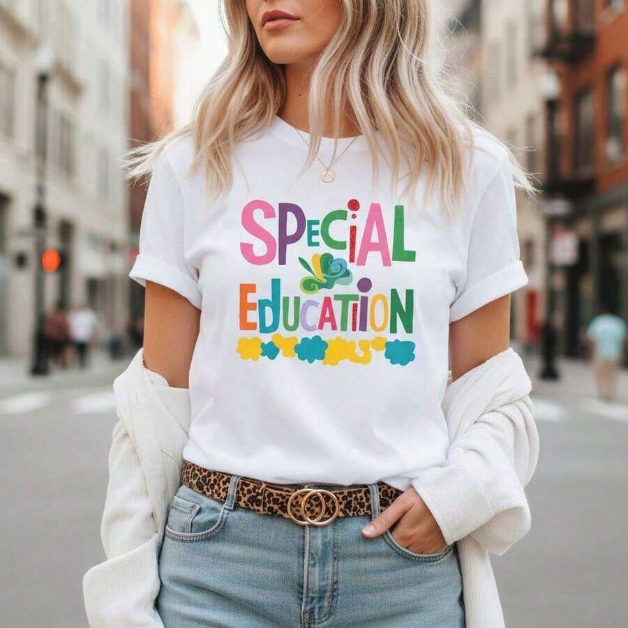 Camiseta de Algodón con Estampado Educativo para Mujer, Manga Corta Casual, Cuello Redondo, Corte Holgado, Camiseta Básica para Maestras, Tallas S-5XL, Opciones de Color Blanco, Cómoda para Uso Diario, Regalo Perfecto para Educadores, Camiseta con Diseño Gráfico Lindo, Letras Coloridas y Diseño Floral, Adecuada para primavera, verano y otoño. - Blanco - Ver 1