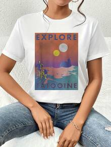Explora un paisaje de dos soles sobre un horizonte desértico que simboliza aventura y libertad en mundos lejanos camiseta de mujer  cómoda y moderna para amantes de viajes galácticos y fantasía - Blanco - Ver 6