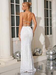 Vestido de noche con abertura alta en el muslo, con lentejuelas y diseño de patchwork, con espalda descubierta y silueta de sirena para mujer - Blanco - Ver 2