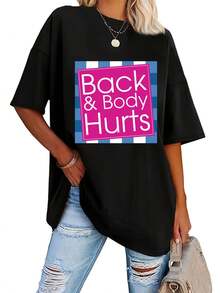 Letter Print T-Shirt, Casual Short-Sleeved Round Neck Top For Summer And Spring, Women's Clothing. A Very Distinctive Printed T-Shirt / Unisex Style / Suitable For Both Men And Women / Wrinkle-Resistant / Breathable - 黑色 - 查看 1
