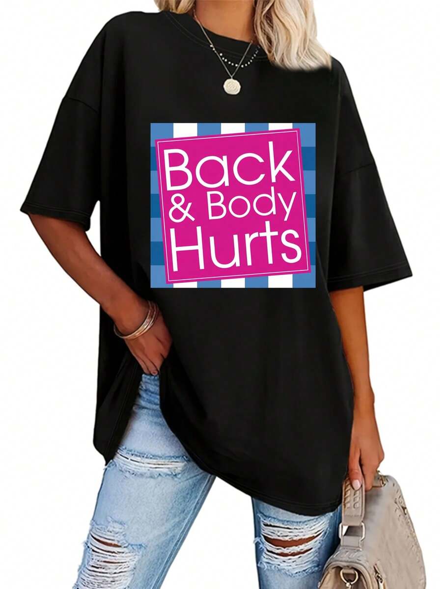 Letter Print T-Shirt, Casual Short-Sleeved Round Neck Top For Summer And Spring, Women's Clothing. A Very Distinctive Printed T-Shirt / Unisex Style / Suitable For Both Men And Women / Wrinkle-Resistant / Breathable - 黑色 - 查看 1
