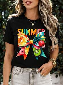 Camiseta de Verano con Estampado de Frutas y Lazo, Color Blanco, Diseño Gráfico de Frutas Tropicales y Texto de Verano para Vacaciones en la Playa, Fiestas, Ropa Casual - Estilo Vintage Urbano, Unisex, de Algodón, Manga Corta, Cuello Redondo, Corte Holgado - Negro - Ver 7