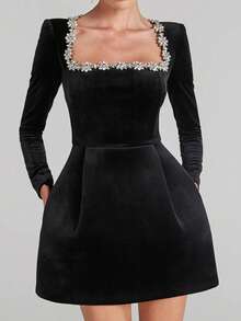 Vestido corto terciopelo primavera mujer cuello cuadrado con brillos elegante y moderno - Negro - Ver 8