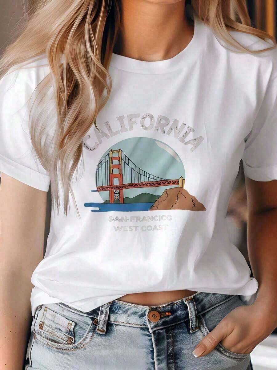 Camisa de lino casual con estampado del Puente Golden Gate de San Francisco - Camisa, conjunto de jeans y zapatillas de deporte de California West, estilo playero con sombrero de paja de verano, para el Día de los Héroes, Día del Trabajo y vacaciones de verano, top casual de manga enrollada Wo2026 - Sudadera con estampado gráfico - Estilo callejero vintage, unisex, holgada, de algodón, de manga corta y cuello redondo. Blusas para mujer. blusas.blusas casuales para dama. - Blanco - Ver 1