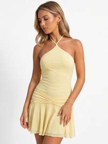 Women Mini Dress Fashion Halter Neck Solid Color Slim Fit Ruched Design Summer Pleated Hem Dresses - Amarillo - Ver 5