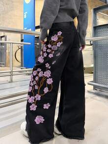 1pc Women's American Street Style Distressed Embroidered Wide Leg Loose Comfortable All-Season Denim Jeans Long Pants (This Product Does Not Include Belt/Accessories) - Mauve Purple - View 3