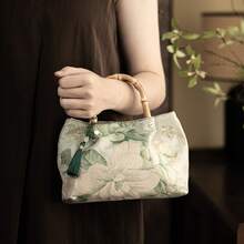 Zur Qipao passende bestickte Handtasche mit Bambusgriff, Damen Mini-Armbandtasche - Handtasche – Elegantes Grün - Übersicht 2