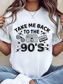 Camiseta Moderna Minimalista para Mujer, Estampado Retro de Boombox y Casete, Cuello Redondo, Ropa Casual, Regalo para Ella, para Uso Diario - Blanco - Ver 1