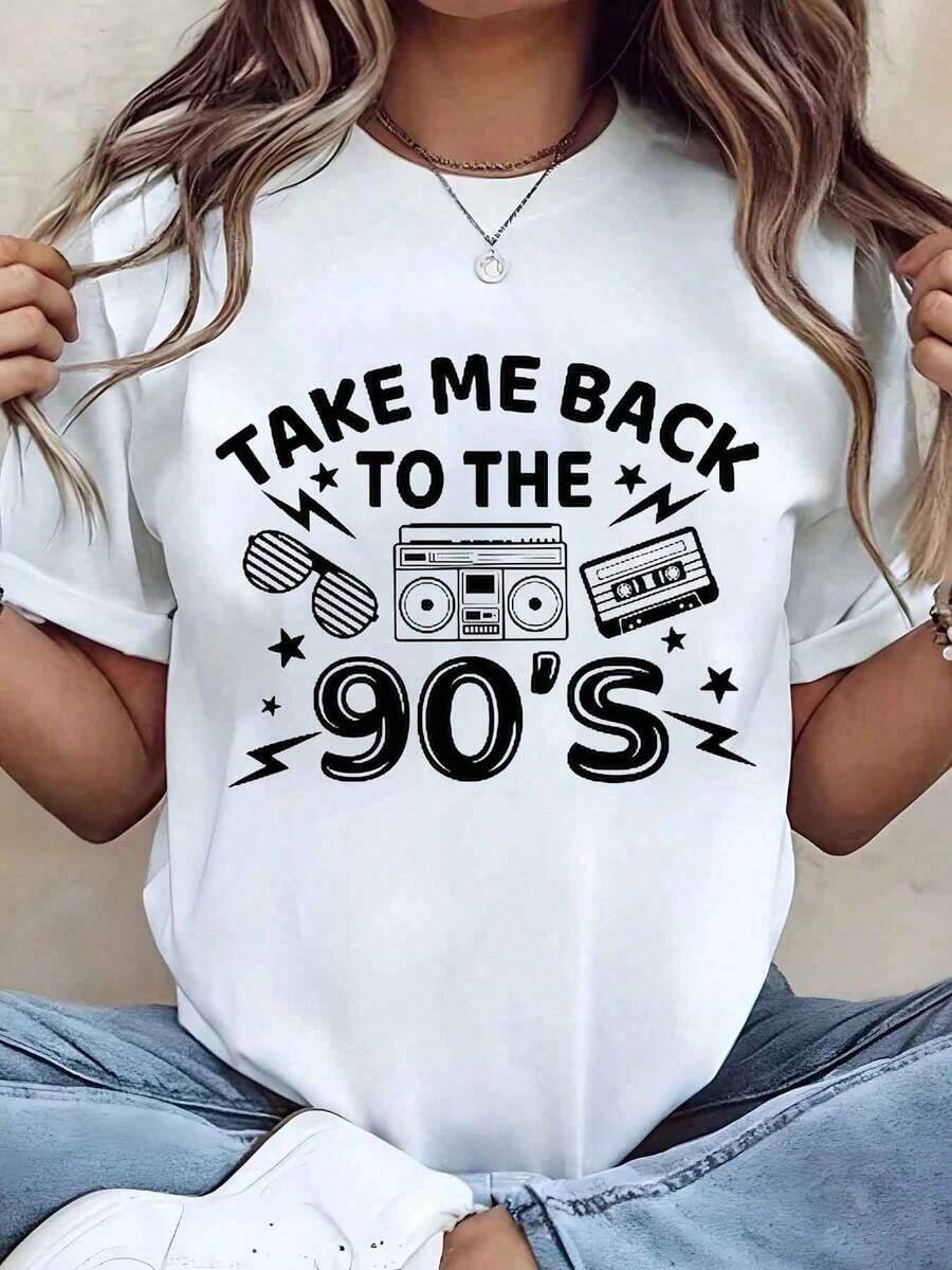 Camiseta Moderna Minimalista para Mujer, Estampado Retro de Boombox y Casete, Cuello Redondo, Ropa Casual, Regalo para Ella, para Uso Diario - Blanco - Ver 1