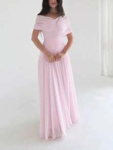 Long Dress With Short Sleeves And A Crossover Design, Soft And Romantic Elegant Style. - 粉色 - 查看 2