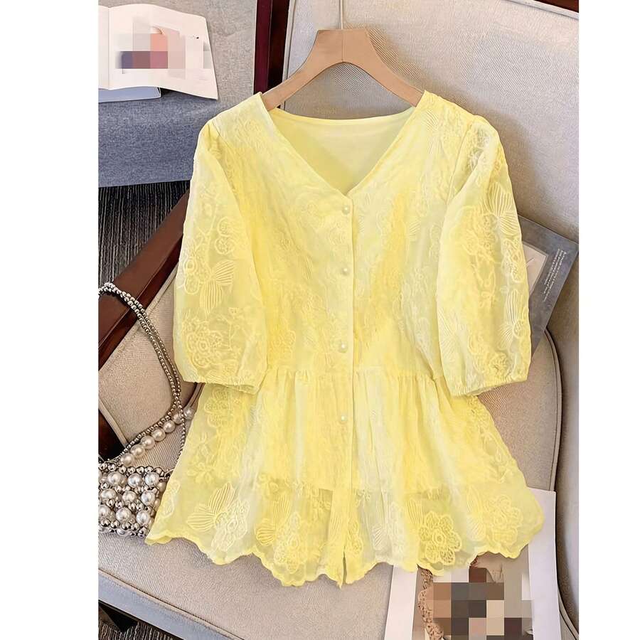 女款蕾絲刺繡V領泡泡袖上衣,優雅珍珠鈕扣荷葉邊上衣,夏季黃色 - 黃色 - 查看 1