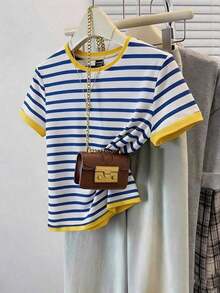 Frenchy Camiseta de manga corta ajustada con cuello redondo, estampado de rayas náuticas de color contrastante, estilo minimalista casual, adecuada para primavera/verano, uso al aire libre, calle, aeropuerto, elegante, combinación, fiesta de boda - Multicolor - Ver 1